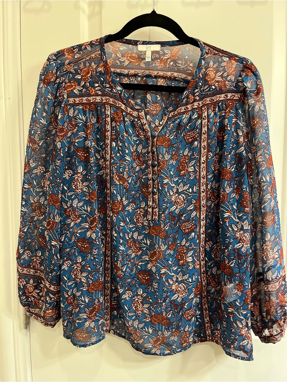 Joie Rosalind 100% Silk Floral Peasant Blouse Small S Blue Rust Long Sleeve